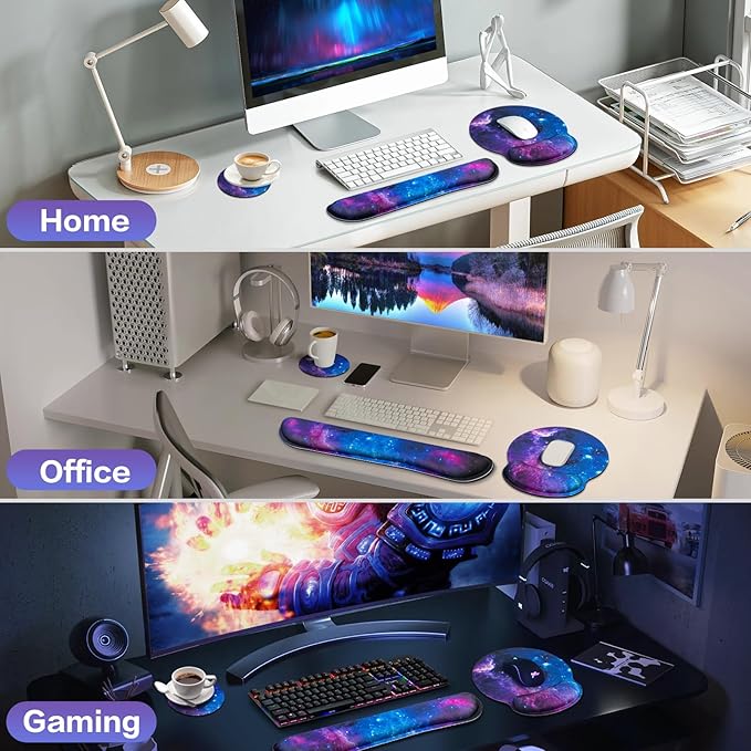 Desk Pad Galaxy, Mouse Pad with Wrist Rest Set, 3-in-1 Wrist Support Mousepad Set, Gaming Mat Pad with Anti-Skid Base,Ergonomic Memory Foam Keyboard Gel Wrist Rest, Office Desk Accessories