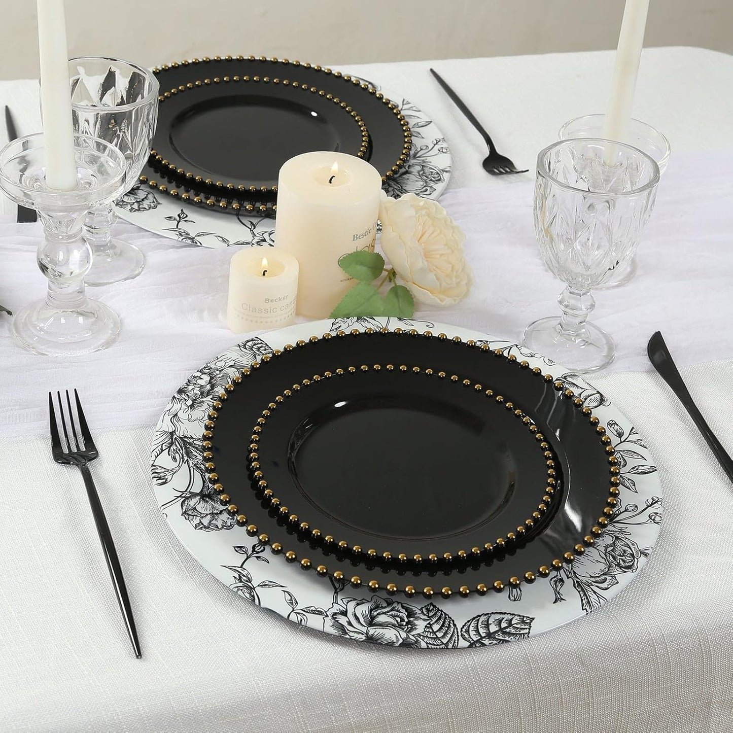 Efavormart 6-Pack Acrylic Charger Plates 13" Round White with Black Floral French Toile Pattern - Decorative Dinner Party Charger Tableware