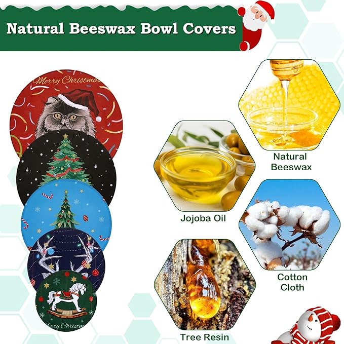 5-Size Beeswax Bowl Covers for Bread Proofing, Reusable Cotton Cloth Bowl Covers, Flexible Beeswax Wraps for Food Storage Christmas Holiday Kitchen Decor(Santa Kitty)