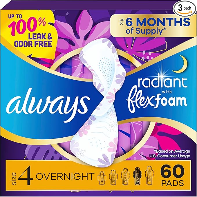 Always Radiant Feminine Pads for Women, Flexfoam Pads with Wings, Size 4, Overnight Absorbency, Lightly Scented, 60 Count (3 Packs of 20)