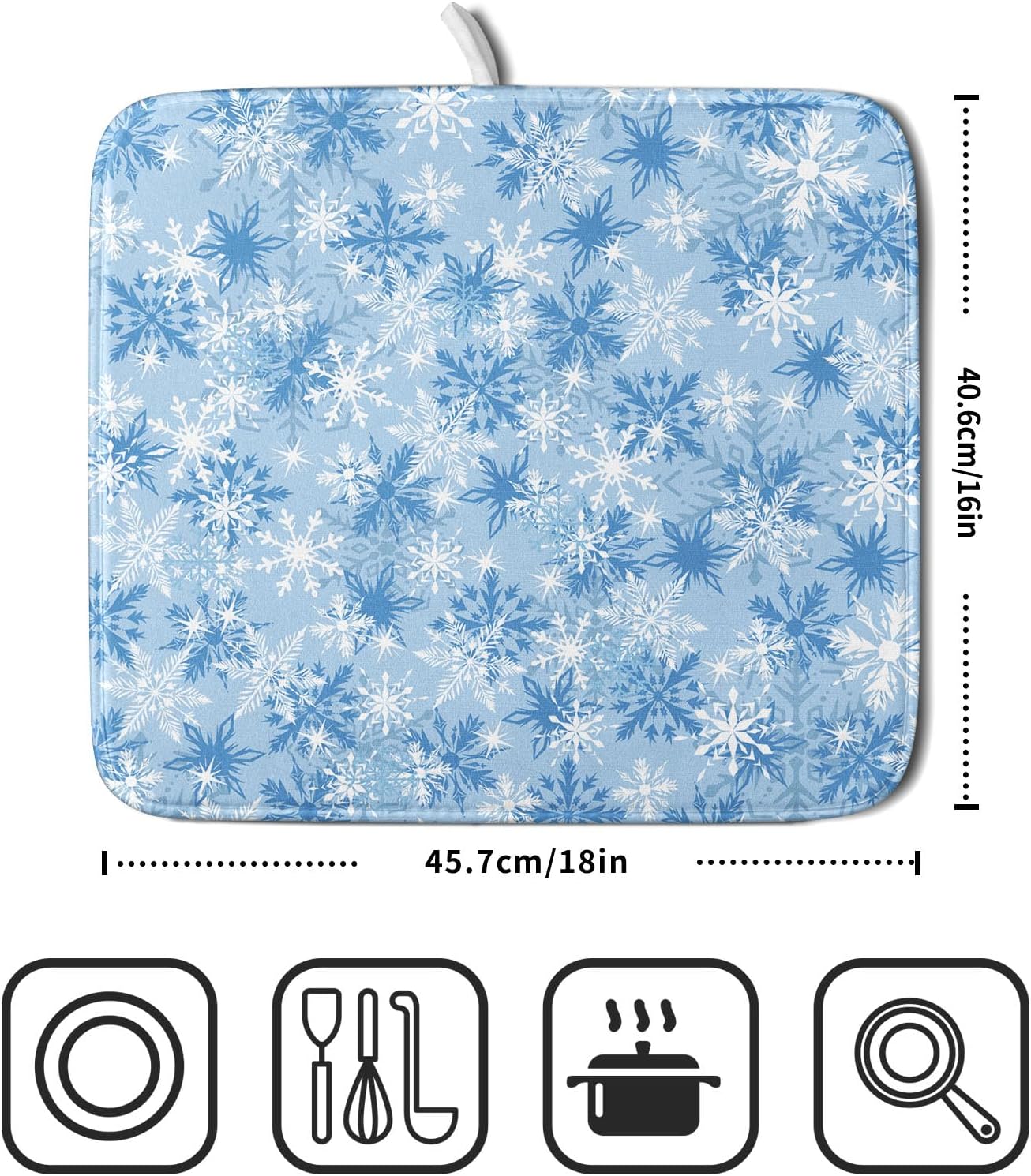 Winter Snowflake Dish Drying Mat for Kitchen Counter Blue White Christmas Snowflake Drying Mat 16x18 Inch Xmas Holiday Absorbent Dish Drainer Mat Christmas Kitchen Accessories