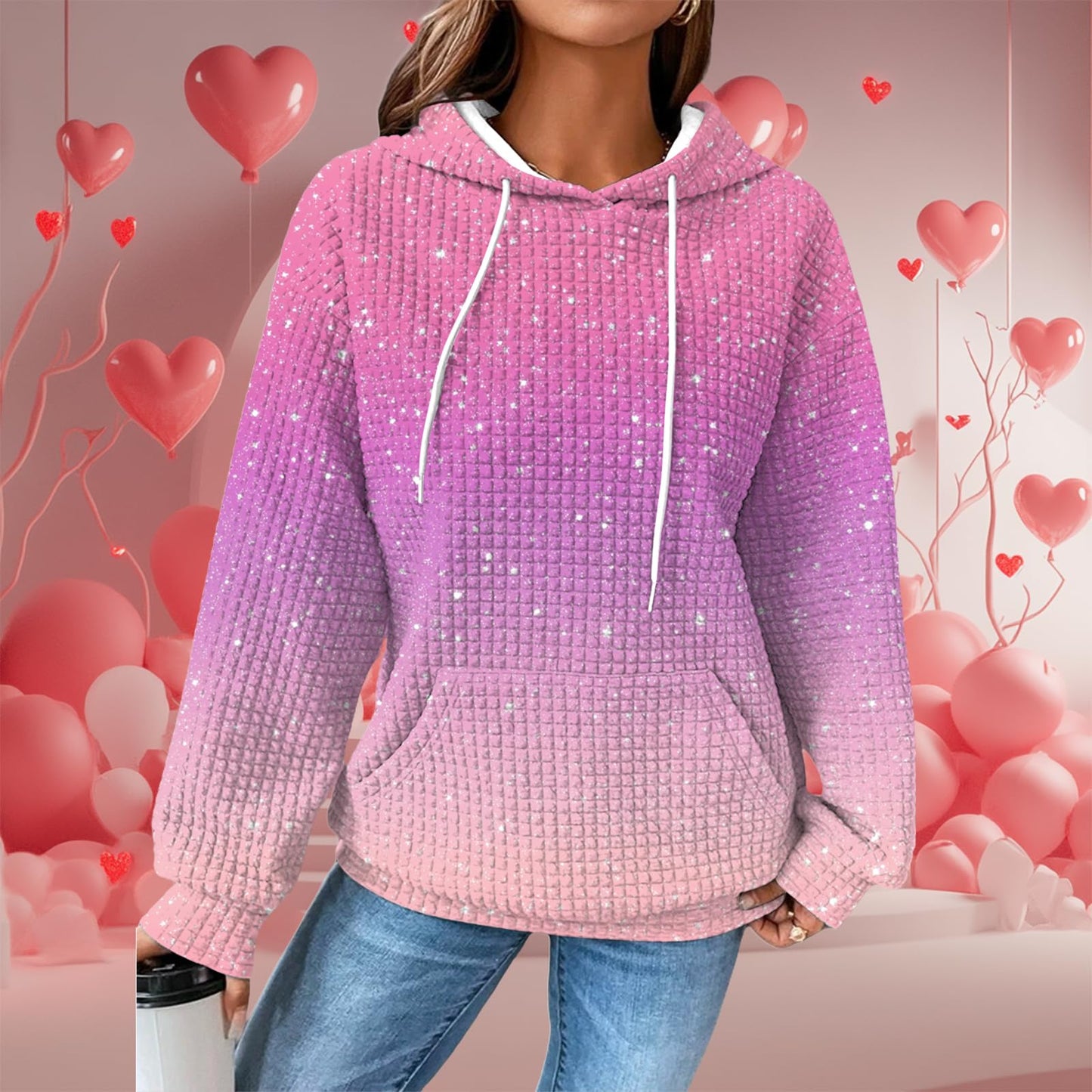 domirica Valentines Day Hoodies For Women Heart Print Pullover Oversized Waffle Long Sleeve Cute Graphic Hooded Sweatshirts Comfy 2025 Spring Fashion Trendy Casual Blouses Wiht Pockets,S