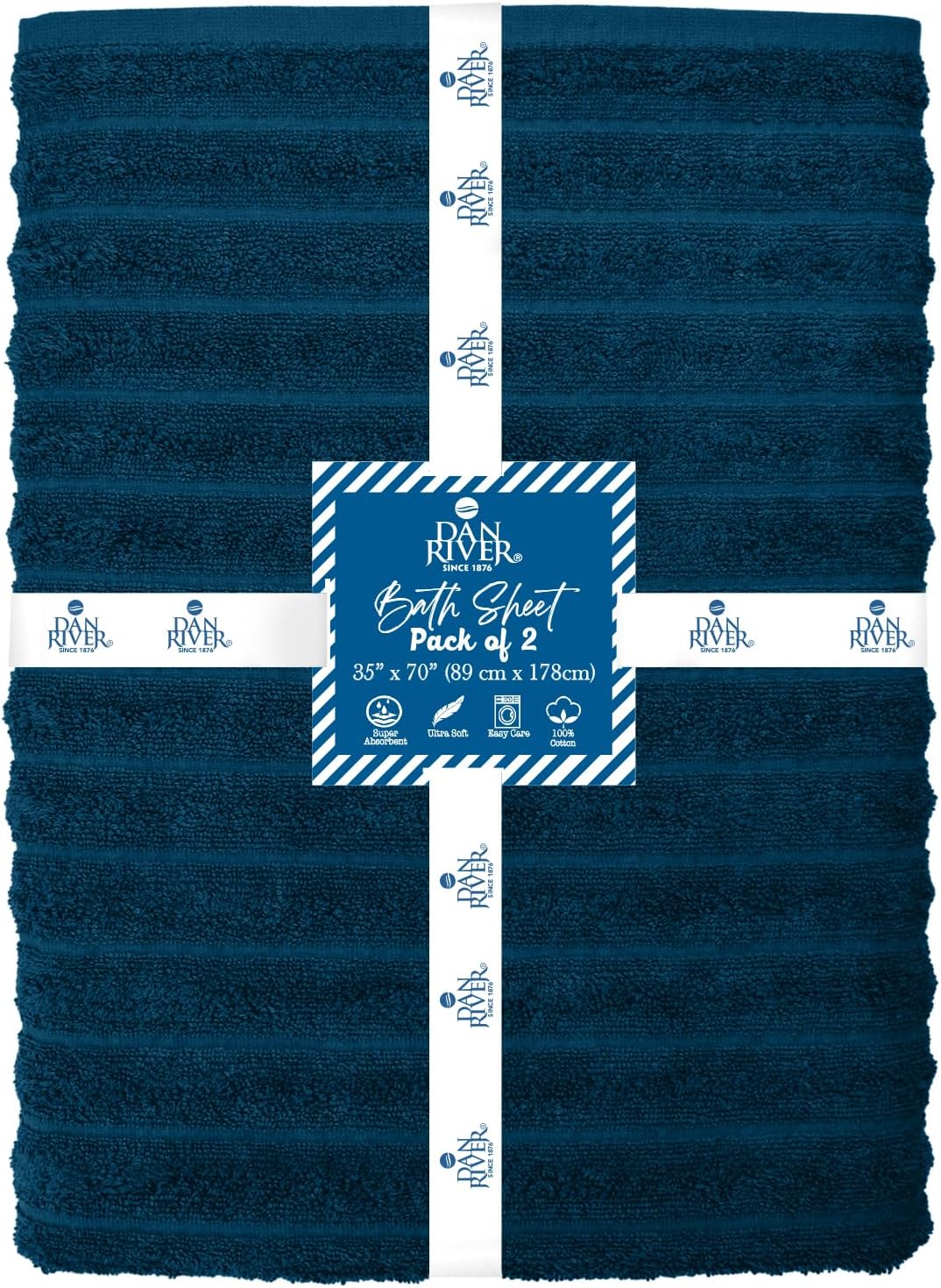 DAN RIVER Pack of 2 Bath Sheet 35x70 Inches, Big Towels Oversized Extra Ribbed Large Bath Sheets, Absorbent Quick Dry Towels - Blue Opal