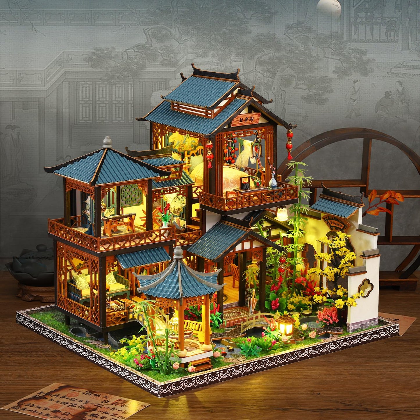 Plustopoy DIY Miniature House Kit: Villa Tiny House Kit with LED Light - DIY Wooden Dollhouse Miniature Kit for Adults Teen, Wooden Crafts Vintage Courtyard Doll House Kit, Great Handmade Crafts Gift