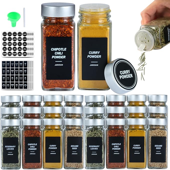 36 Glass Storage Jars- Spice Jars with Label-4oz Spice Containers with Shaker Lids，Silvery Lids,3 Sets of Spice Labels for Spice Rack, (36)