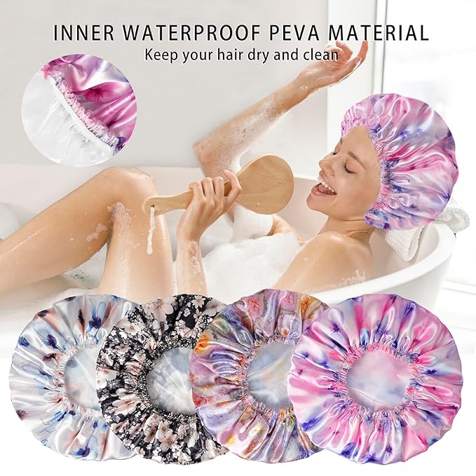 4 PCS Shower Caps for Women, Printing Bath Caps, Double Layers Shower Cap Reusable Waterproof, Bathing Shower Caps, Environmental Protection Hair Bath Hat - Flower C