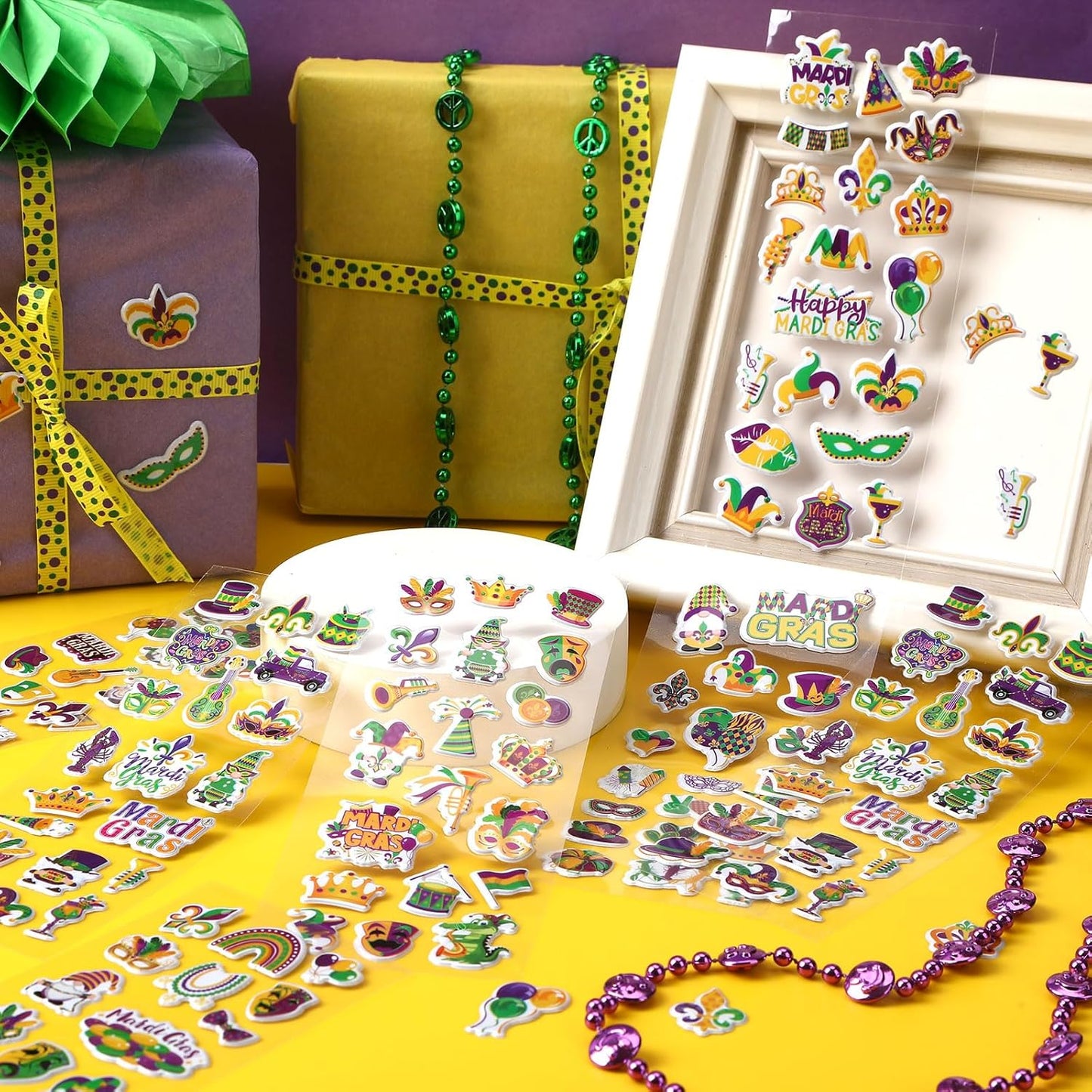 UPINS 240 Pcs Mardi Gras Stickers, 3D Puffy Self-Adhesive Carnival Stickers, Multicolored, Not Water Resistant, Kid