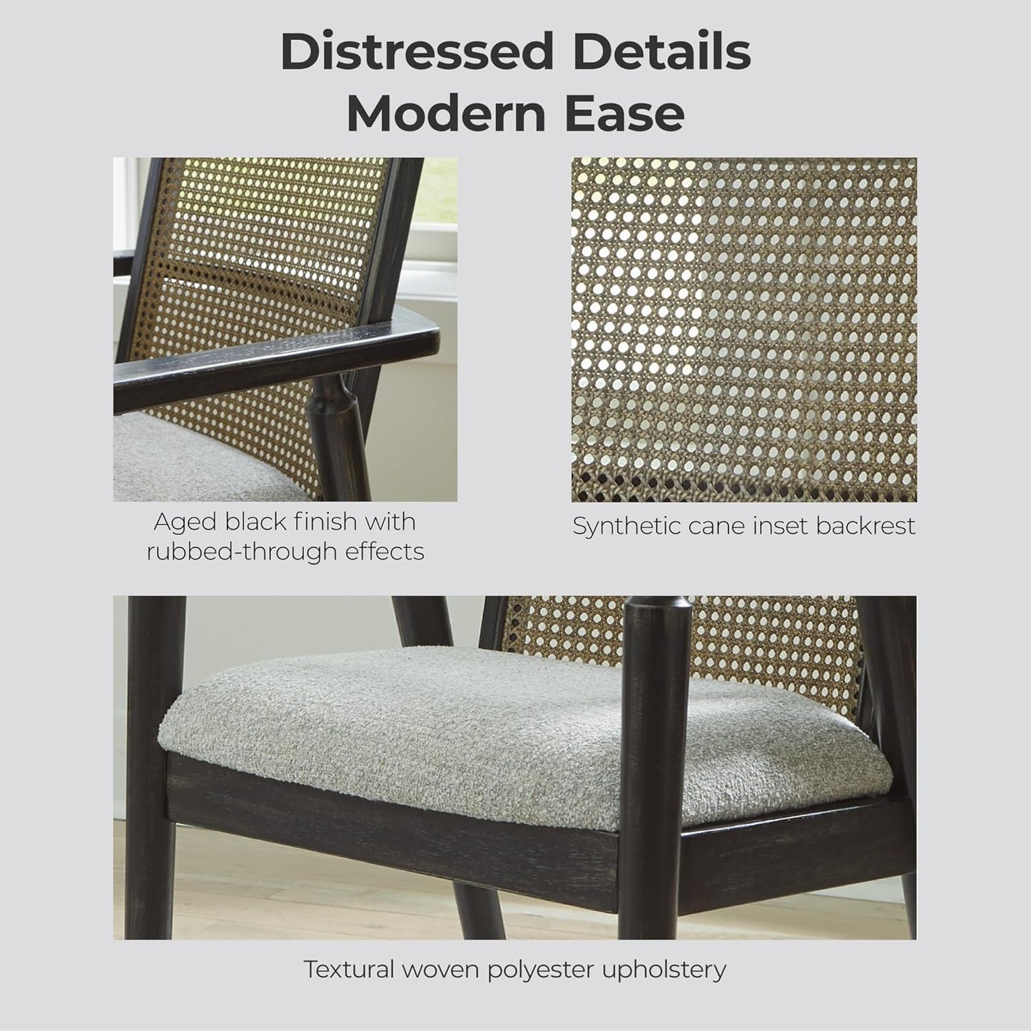 Signature Design by Ashley Galliden Rustic Solid Wood Upholstered Dining Arm Chair with Faux Cane Backrest, Set of 2, Light Brown & Black