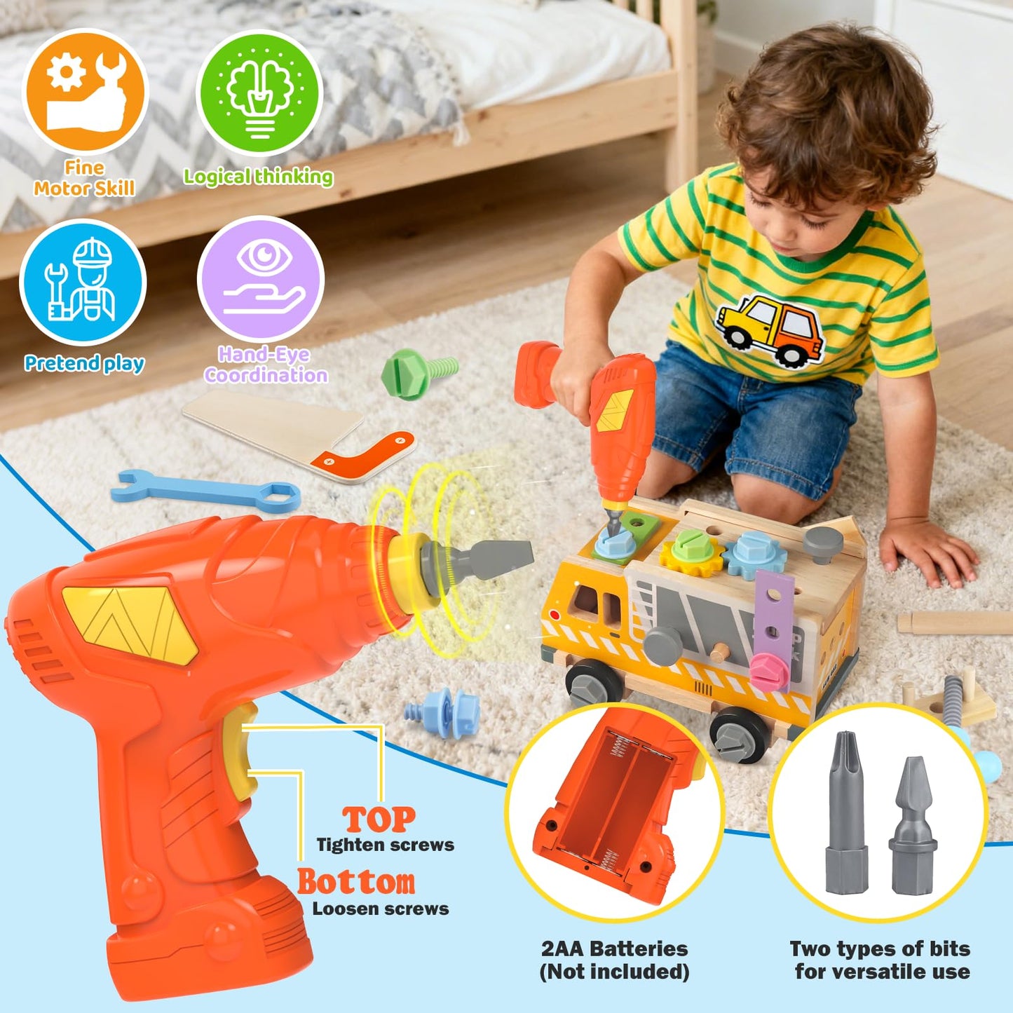 Rincalivestra Kids Tool Set - 40 Pcs Wooden Toddler Tool Bench with Drill, Montessori Construction STEM Pretend Play Toy for 3 4 5 Year Old, Tool Box Truck Birthday Gift for Boys Girls