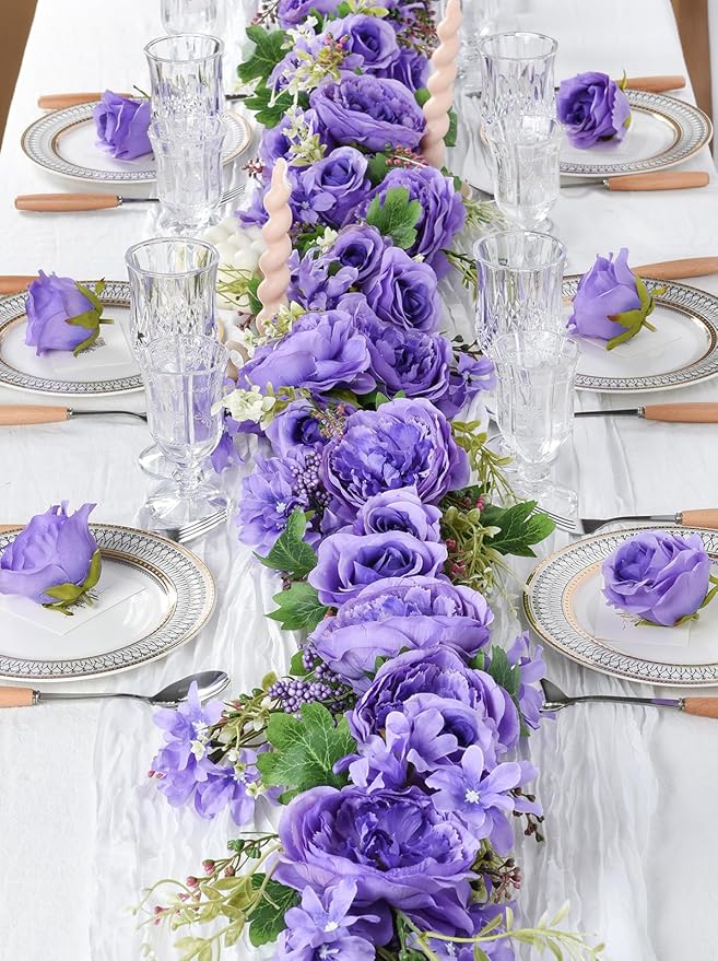 DearHouse Artificial Peony Flower Garland - 6ft/Strand Silk Peony Garland with Pink Flowers for Wedding Party Table Decoration,Deep Ruby (Purple)