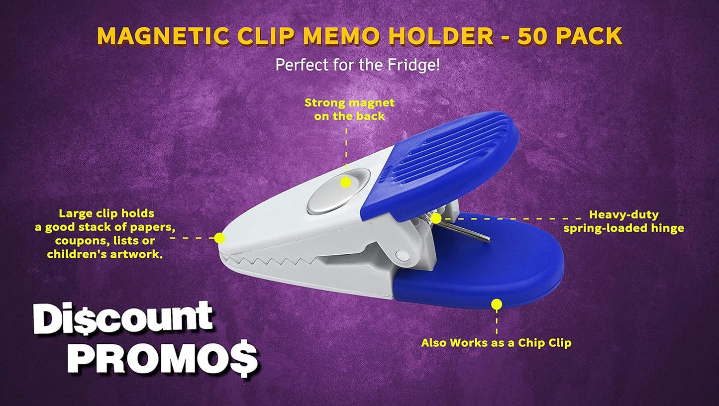 50 Magnetic Memo Holders Set - Customizable Text, Logo - Large Clip, Plastic - White Blue