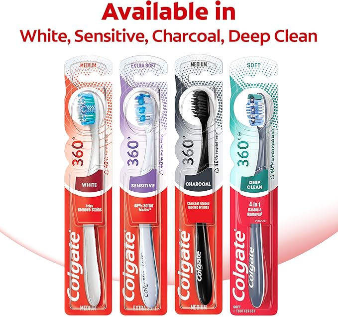 Colgate 360 Optic White Whitening Toothbrush, Adult Soft Toothbrush with Whitening Cups, Helps Whiten Teeth and Removes Odor Causing Bacteria, 4 Pack