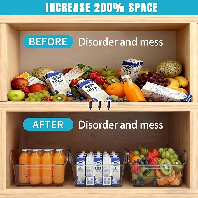 Pantry Organizers and Storage,Clear Plastic Containers with 2 Dividers for Kitchen,Fridge,Freezer Organization and Storage,Acrylic Bins for Pounches,Spice Packet,Snack organzier (4 Pack)