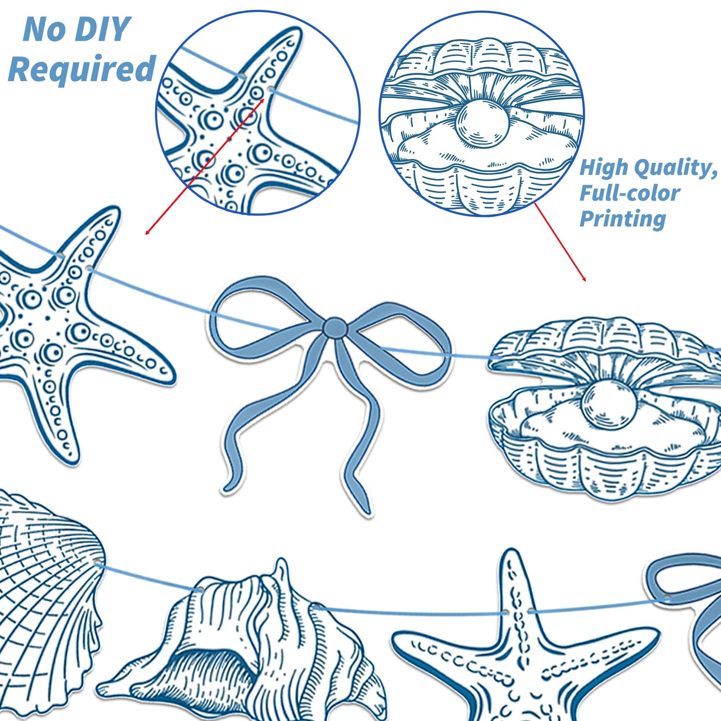Summer Coastal Beach Party Supplies 3PCS Blue Bow Starfish and Seashell Banners Nautical Party Decor Sea Starfish Seashell Cutout Banner for Baby Shower Wedding Bachelorette Birthday Decorations