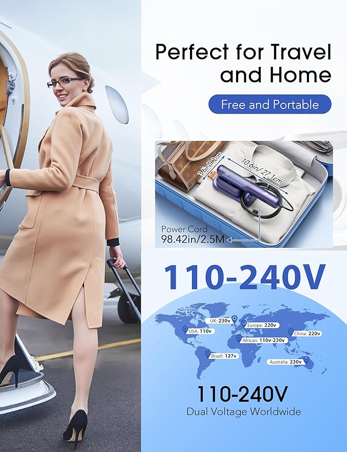 Travel Steamer for Clothes, 110-240V Dual Voltage Portable 2-in-1 Steamer ＆ Iron 2 In 1 Mini Handheld Garment Steamer Iron, 1100W, Large Ceramic Heat Panel for Home & Global & Europe Traveling