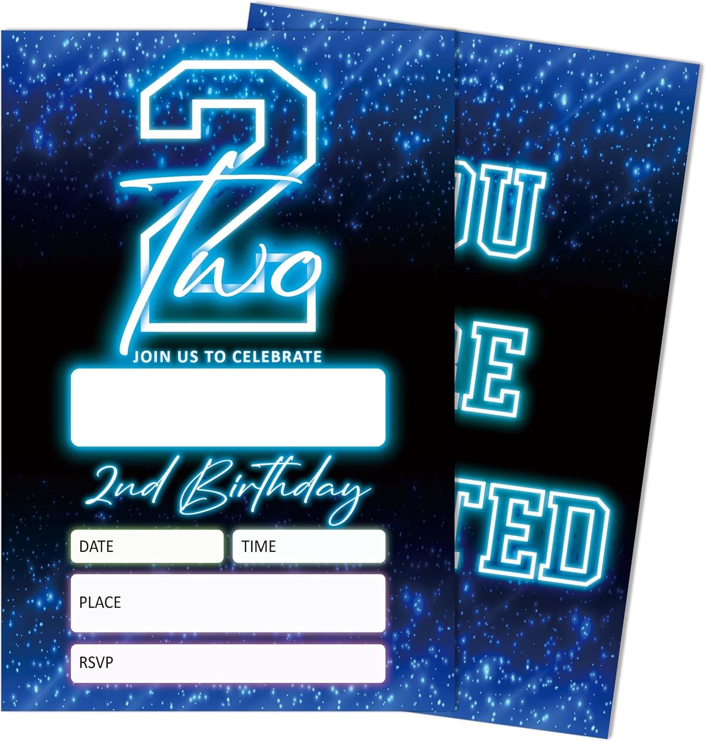 SIXEIGHT Blue 2nd Birthday Invitations for Boys, Neon Glow Party Invitations for Girls Kids, 20 Pack Double Sided Invite Cards with Envelopes, 2nd Glow Neon Birthday Party Decorations, 4x6 Inch-C02