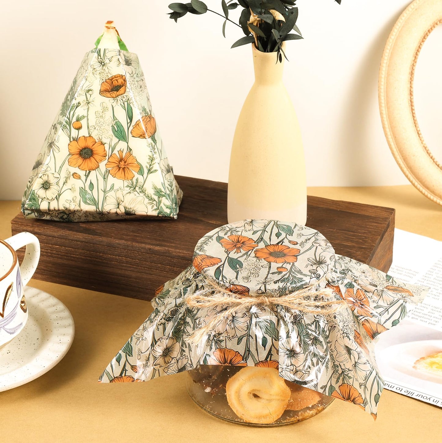 120 Sheets Orange Wildflower Garden Floral Wax Paper for Food Deli, 13.4 * 9.4‘’ Retro Floral Greaseproof Deli Paper for Sandwich Picnic Basket Liner Birthday Party Supplies
