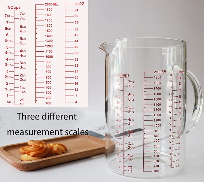 Glass Measuring Cup-[Insulated handle | V-Shaped Spout]-Made of High Borosilicate Glass Measuring Cup for Kitchen or Restaurant, Easy to Read, 2000 ML (64 Oz, 8 Cup)
