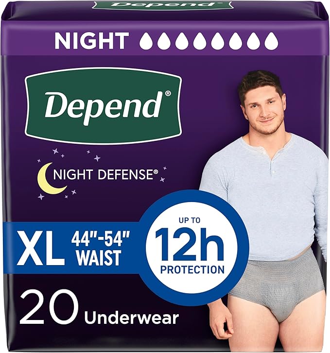 Depend Night Defense Adult Diapers, Incontinence Underwear for Men, Disposable, Overnight, Extra-Large, Grey, 20 Count, Packaging May Vary