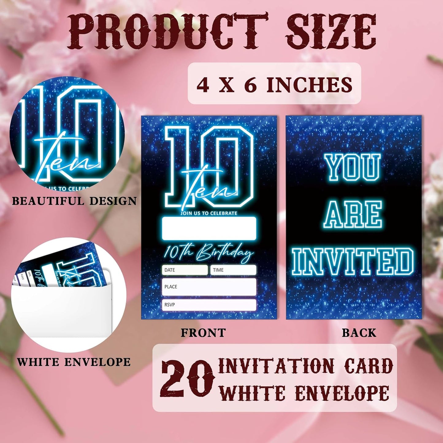 SIXEIGHT Blue 10th Birthday Party Invitations for Kids, Glow Neon 10th Birthday Invitations for Boys Girls, 20 Pack Blue Invites with Envelopes, Glow Neon Party Decorations Supplies, 4"x6"-C10