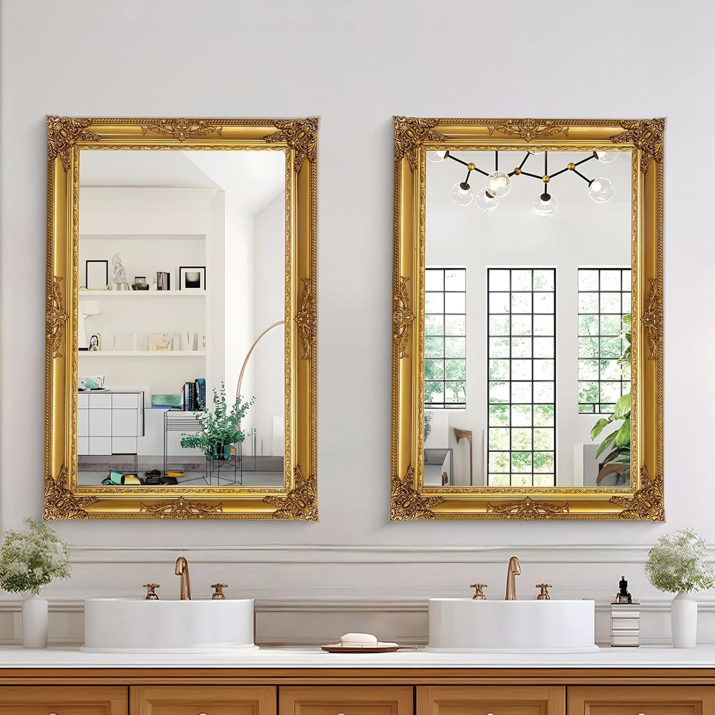 Gold Vintage Mirror, 37.4" x 25.6" Traditional Antique Gold Wall Mirrors with Ornate Baroque Wood Frame, Living Room Decorative Mirrors for Wall Decor