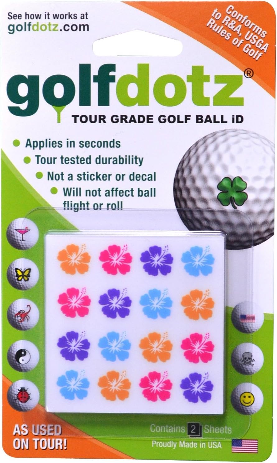 Golfdotz - USGA Rule Conforming Golf Ball Markers, Golf Ball Stickers for Marking Balls, No More Smearing from Stamps, Gifts for Golfers, Dads, and Retirees, (Tropical Collection; 18-32 Count)