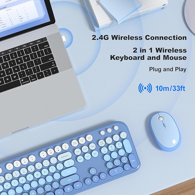 Wireless Keyboard and Mouse Combo, MOWUX Colorful Computer Full Size 2.4G Plug and Play Wireless Typewriter Keyboard and Mouse Set for Computer, Desktop, PC (Blue Gradient)