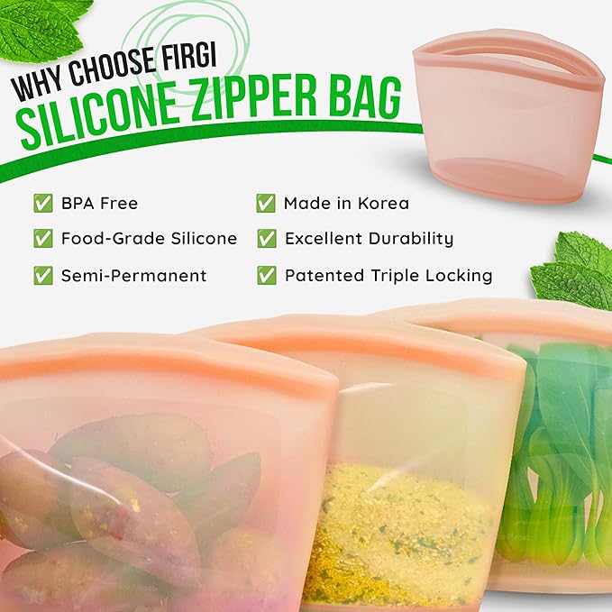 Premium Platinum Silicone Reusable Food Storage Bag 3.6 Cup (29 fl oz), Airtight Zip Lock Bags for Food, BPA-Free Silicone Freezer Bags, Microwave Safe Sous Vide Container, Dry Rose