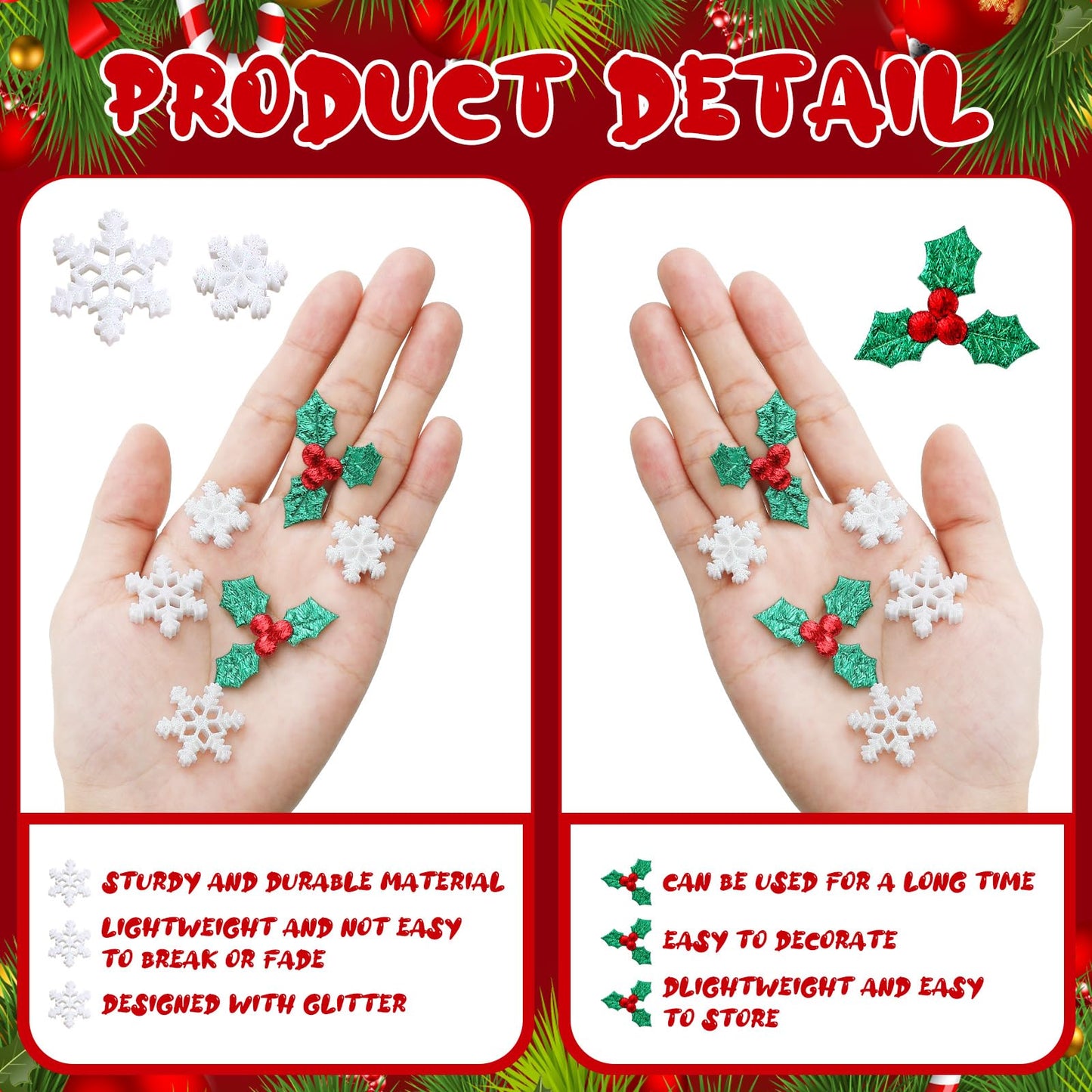 Wenqik 300 Pcs Mini Resin Snowflakes Holly Green Leaves Decors and Berries Charms for Xmas Craft, Glitter Tiny Snowflake Buttons with Berries Embellishments for Card Gift Xmas Holiday Party Supplies