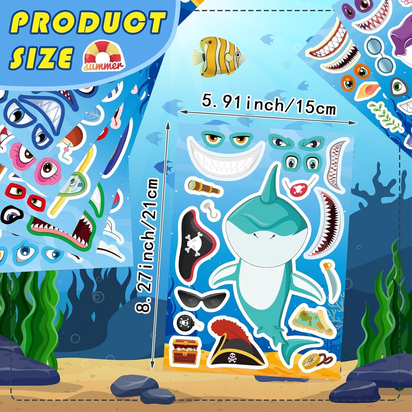 24 Sheets Make Your Own Shark Stickers for Kids Toddlers, Sea Ocean Animals Birthday Party Favors Activities