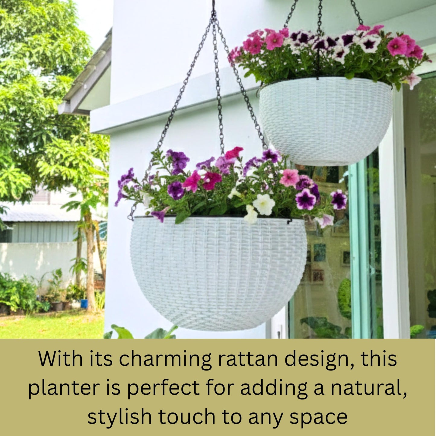 LaLaGreen Bundle- 4 Pack, 14 Inch Rectangular Self Watering Planter + 2 Pack, 11 Inch Round Self Watering Basket Rattan Style Balcony Flower Pot Window Wall Mount Plants Boxes Modern Home Garden Decor