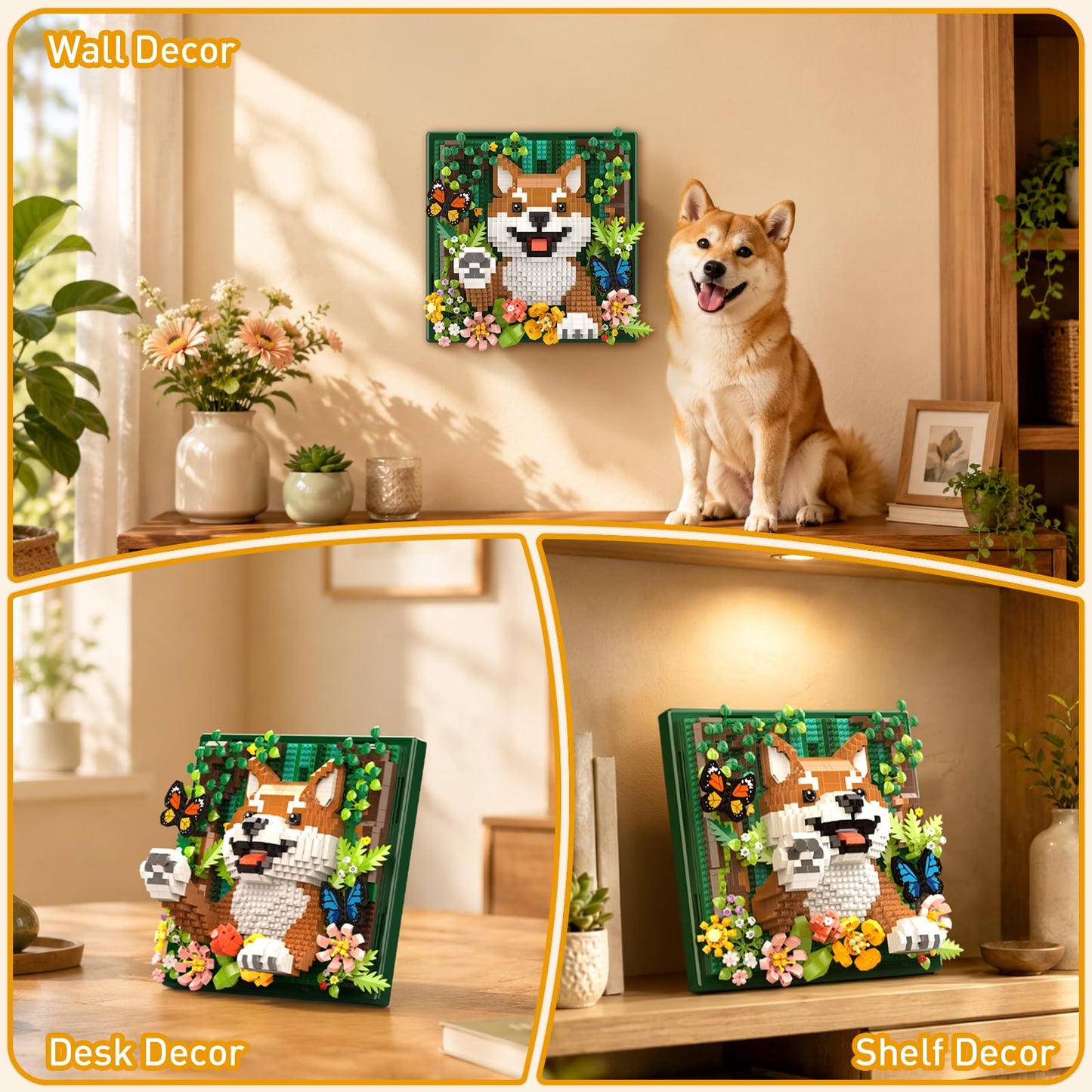 Vziimo Animal 3D Wall Art Micro Building Set, Flowers & Dog Wall Decor Model Kit, Shiba Inu Toys Gifts for Adults, Teens Age 14+(1600+ PCS)
