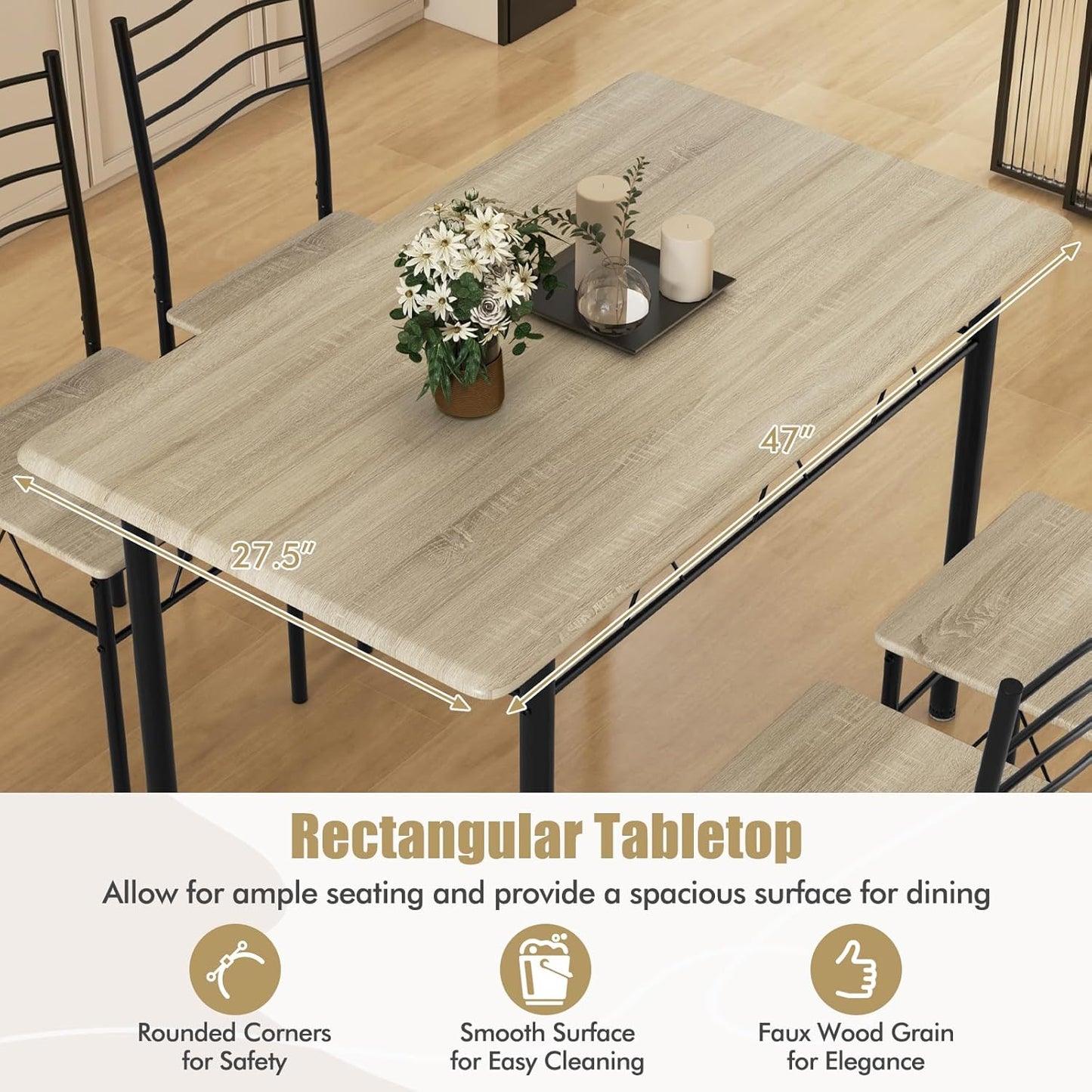 5 PCS Dining Table Set Counter Height Table and Chairs Set W/Steel Structure Dining Desk, 4 High Backrest Chairs & Anti-Slip Pads Dining Furniture Set for Kitchen and Restaurant(Beech Wood)