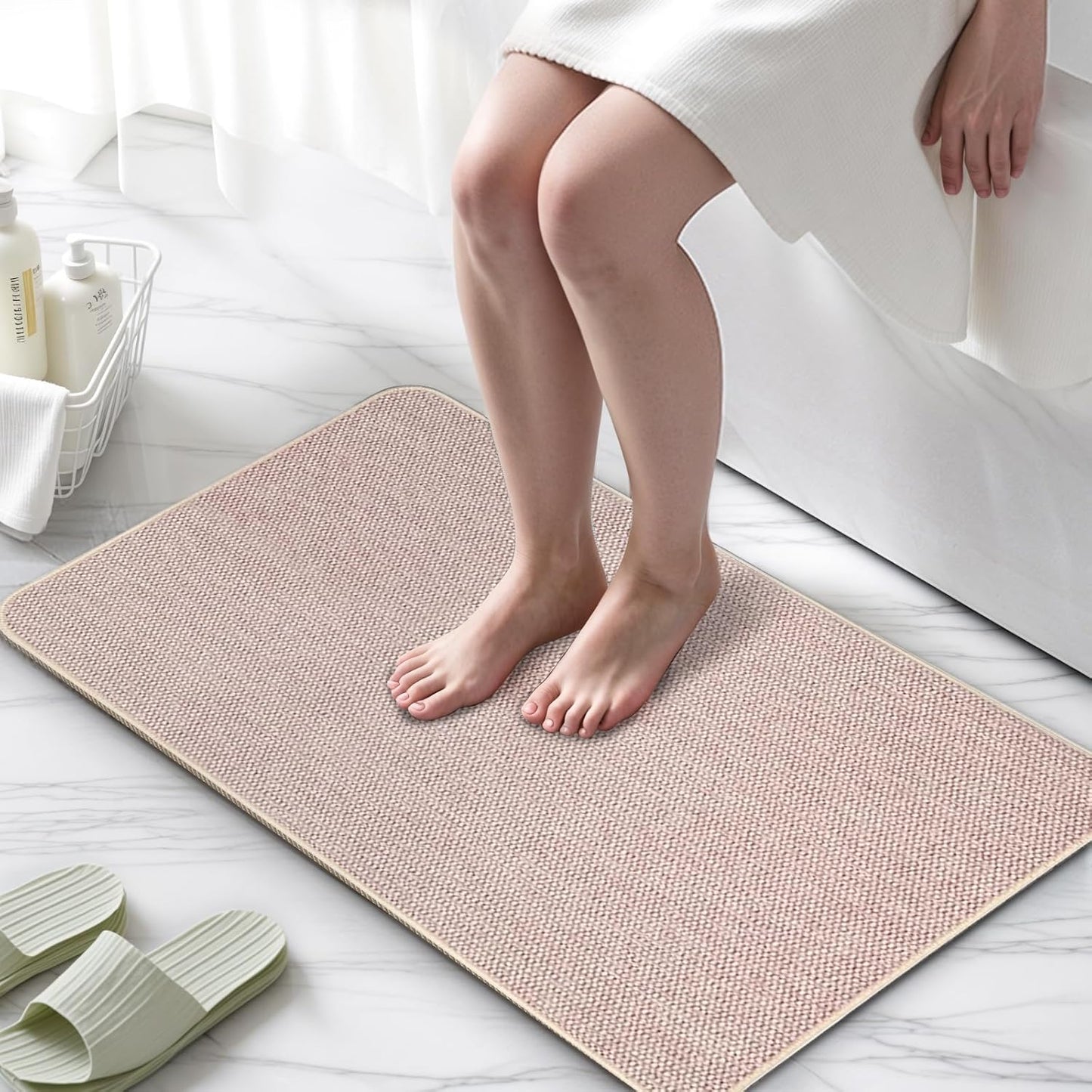 2 Pack Area Rug Sets 17x27Inch, Thin Bath Mat with Rubber Backing Non-Slip, Absorbent,Quick Dry Machine Washable, Home Decor Accessories Cozy Cloth Bathroom Mat fit Under Door/Sink/Tub/Shower-Biege