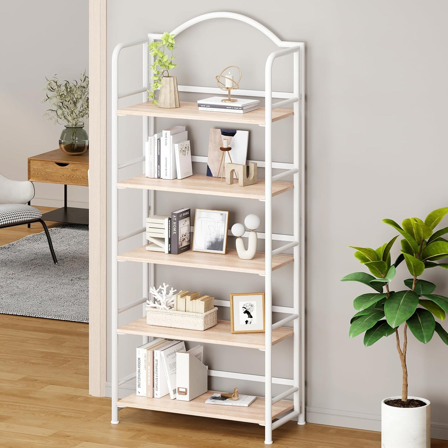 No-Assembly Folding Bookshelf Storage Shelves 5 Tiers Vintage Multifunctional Plant Stand Storage Rack Shelves Bookcase for Home Office