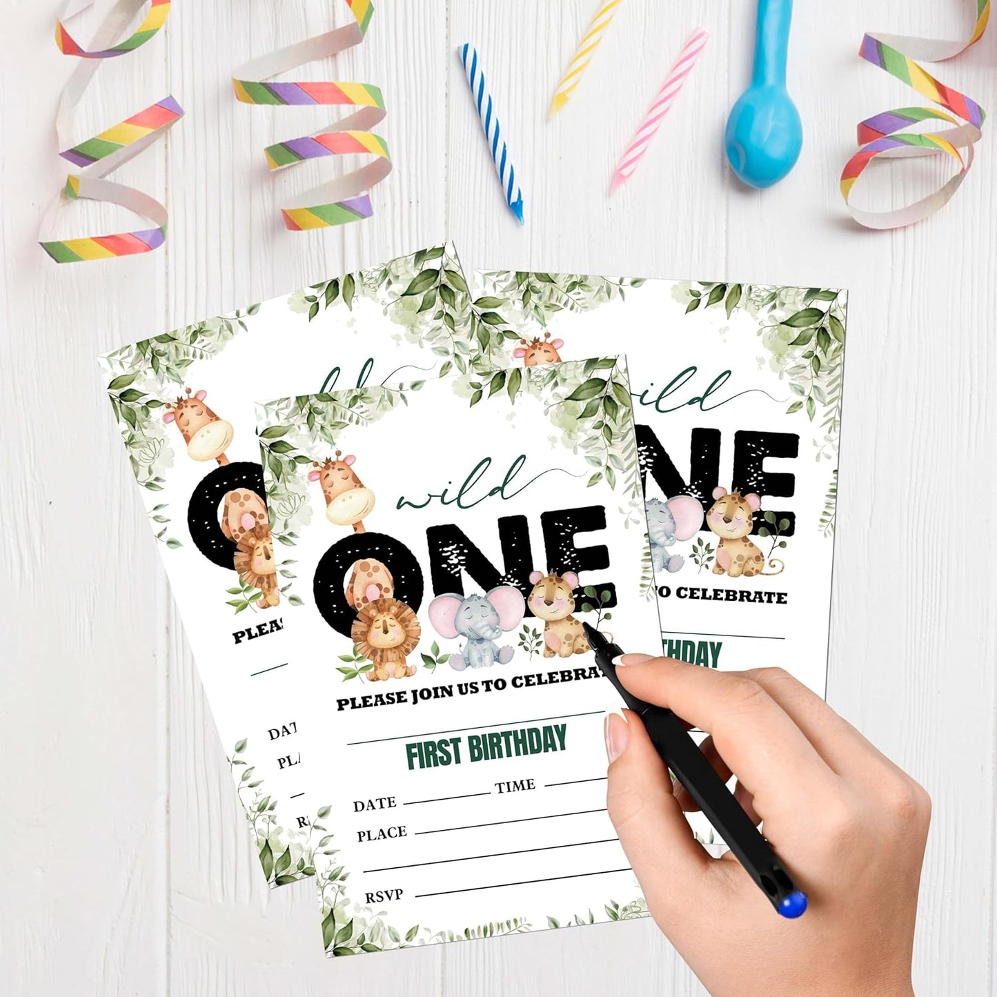 Wild One Birthday Invitations, 20 Invitation Cards with Envelopes, Safari Zoo Invites for Party Decorations Favor Supplies - A15