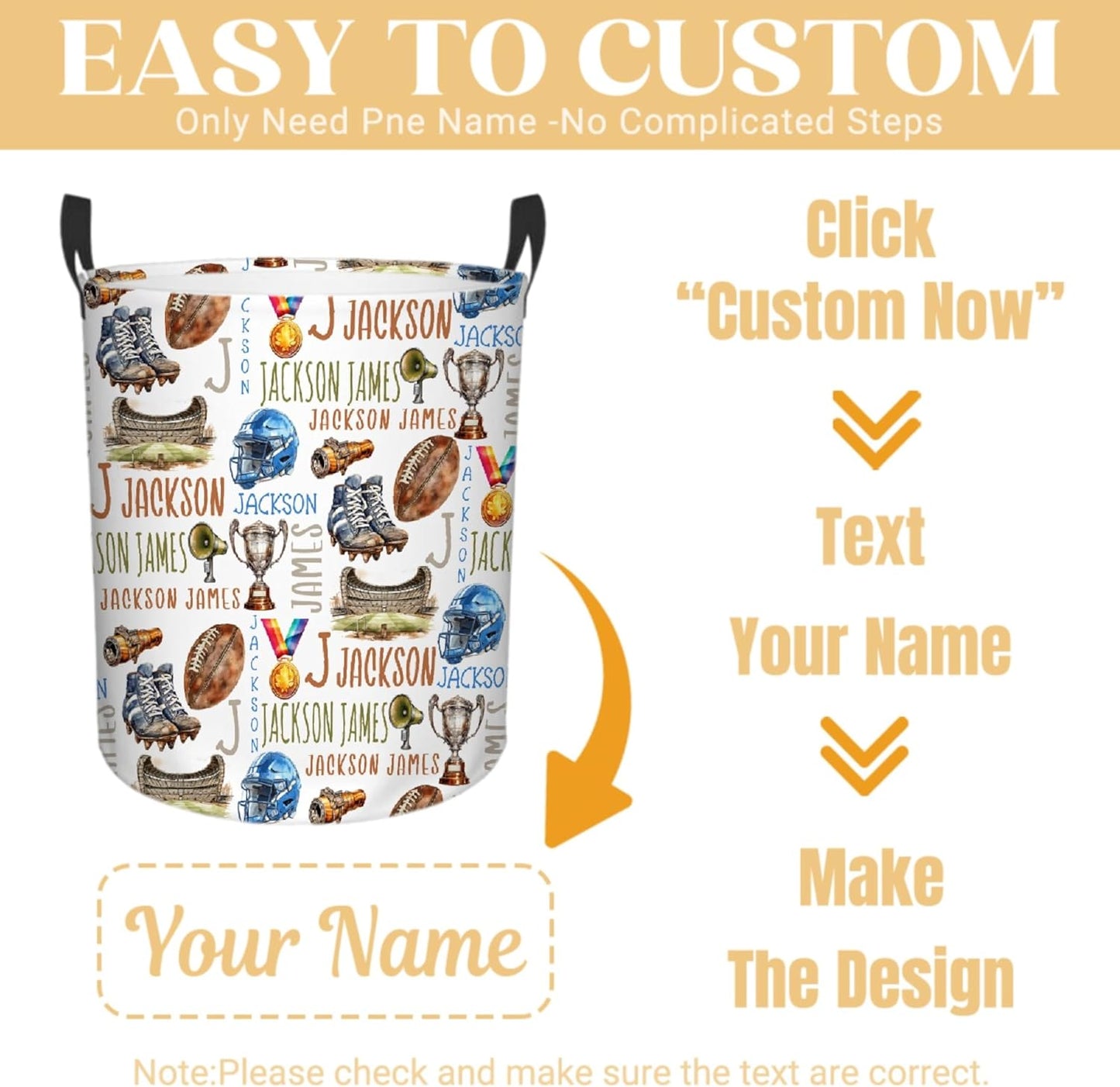 Personalized Football Laundry Basket, Custom Sports Laundry Hamper With Name Gifts For Kids Baby Adults, Collapsible Dirty Clothes Storage Organizer With Handles S 16.5 X 13.8in