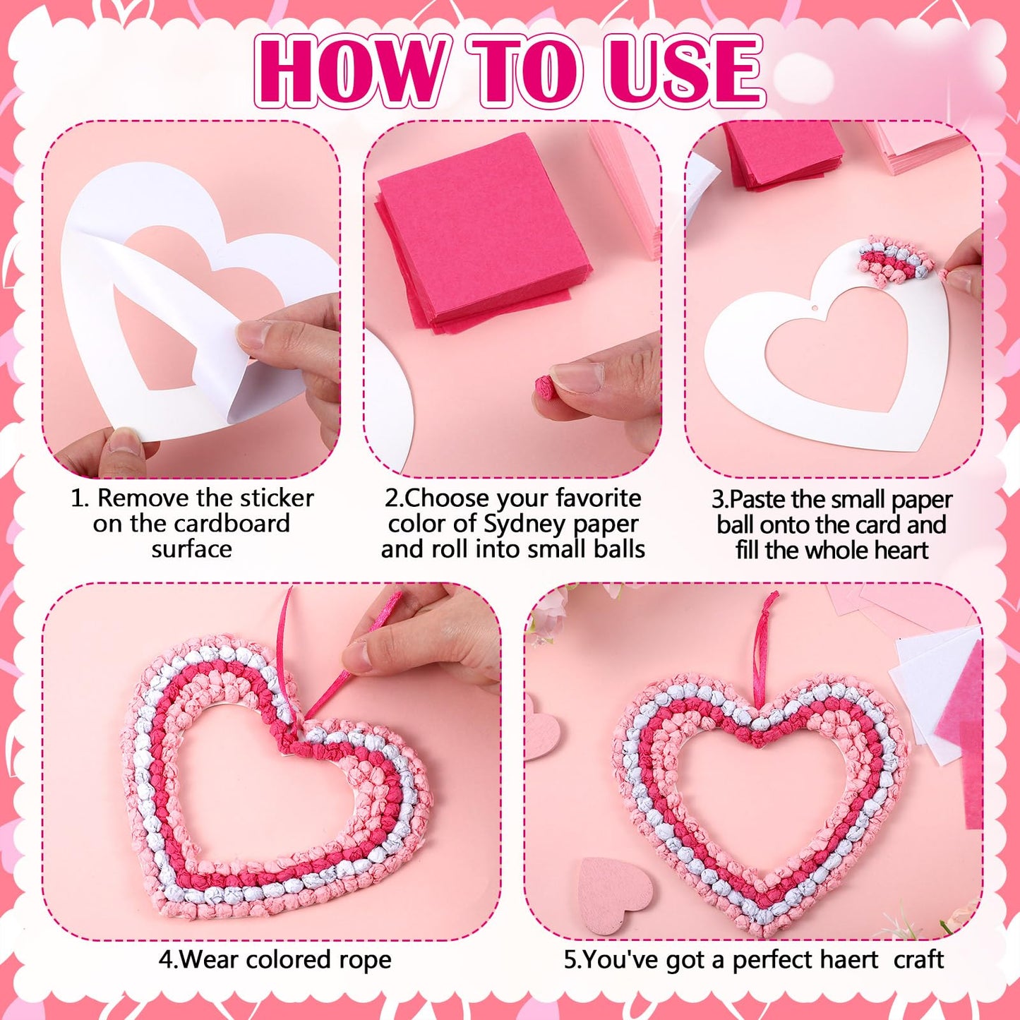 Jetec 24 Sets Mothers Day Gift Heart Paper Craft Kits Galentines Hanging Ornaments Craft Kit with Pom Poms Tissue Wreath DIY for Home Party Favors(Paper,Beads, Balls)