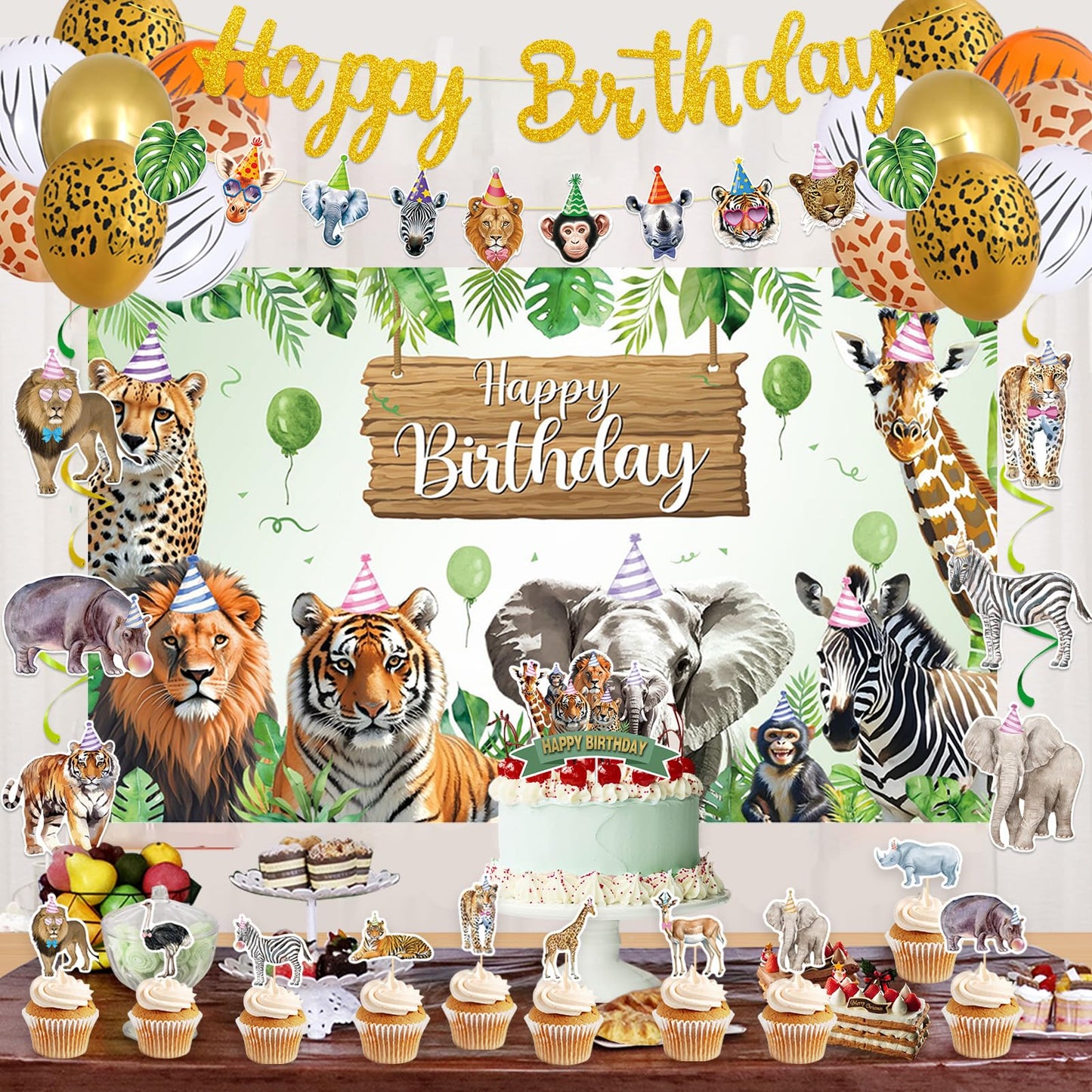 Roetyce Safari Animals Birthday Party Decorations, Jungle Wild Animals Happy Birthday Banner Balloons Hanging Swirls Cake Topper Kit, Safari Themed Birthday for Kids Photo Background Backdrop