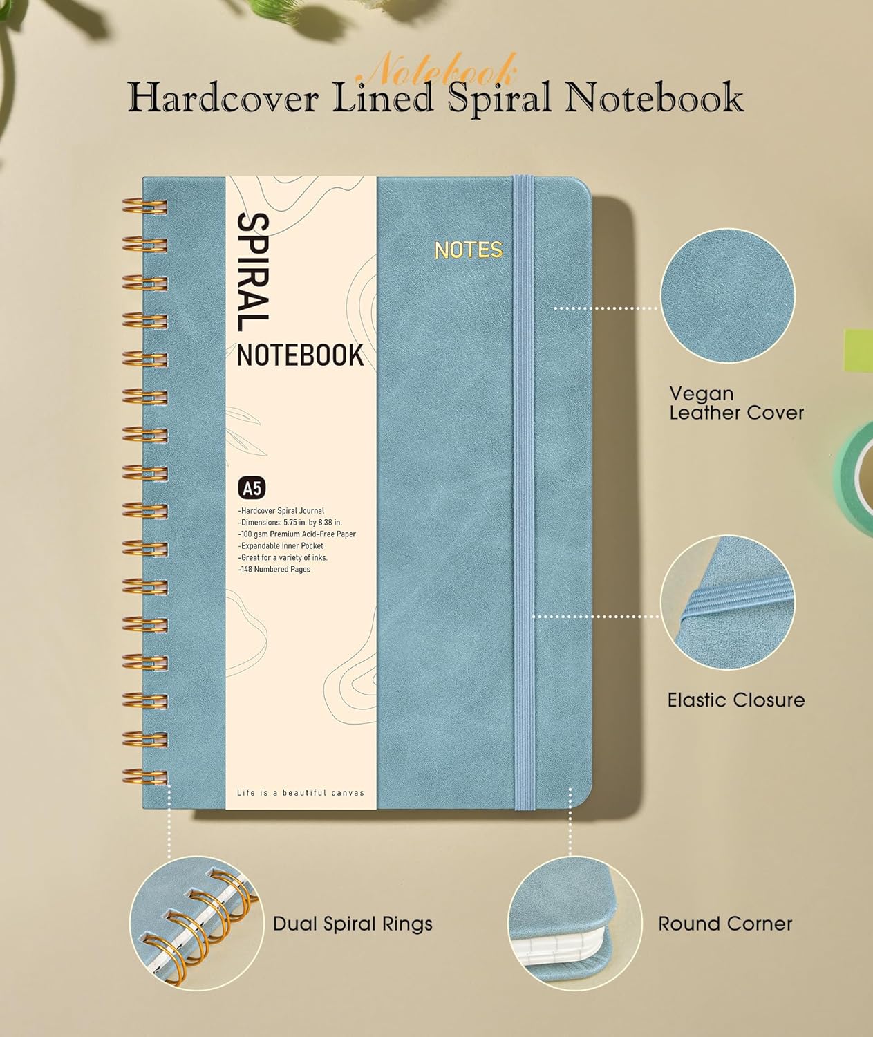Dotted Spiral Journal Notebook, A5 Hardcover Spiral Journals for Women Men, 100 GSM Dot Grid Paper Notebooks, 150 Pages Spiral Bullet Dotted Notebook for Writing Note Taking 5.75" x 8.38", Misty Blue