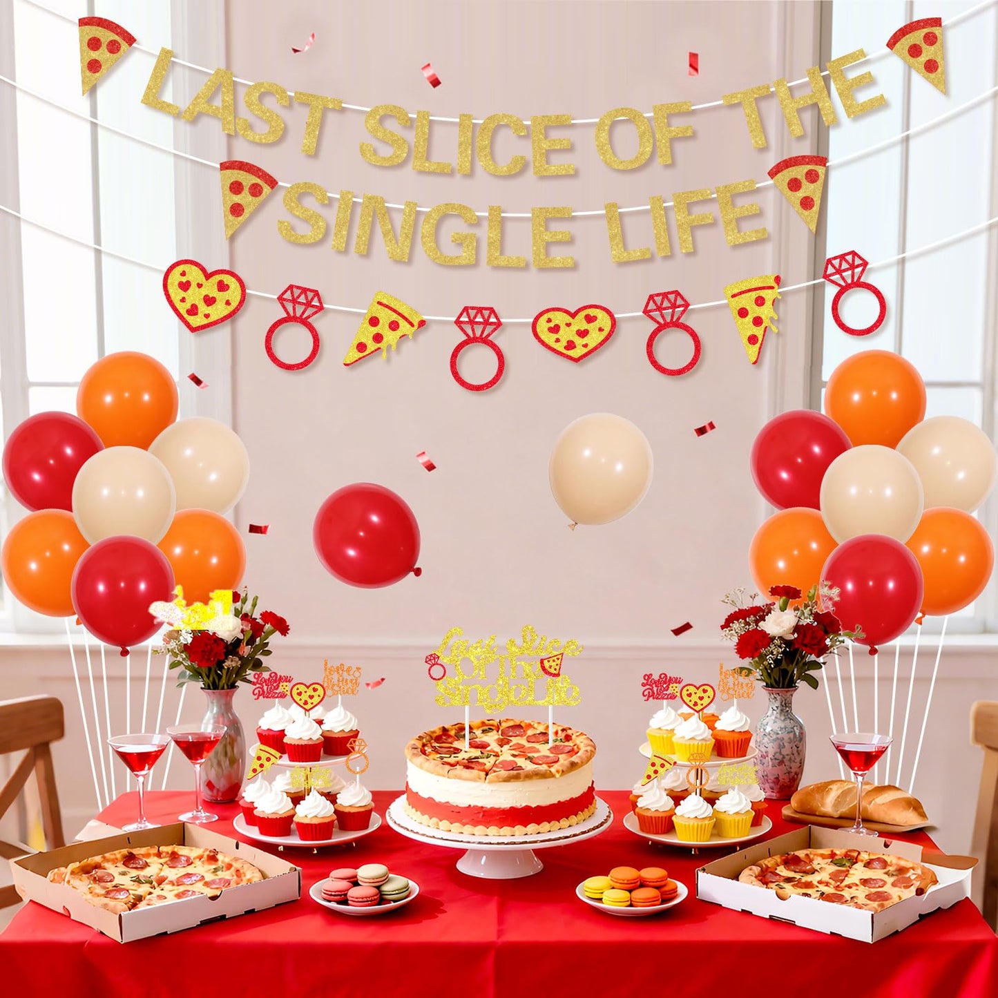 Pizza Bridal Shower Decorations Golden Glitter Last Slice of The Single Life Banner Cake Topper Italian Themed Garland Cupcake Toppers Latex Balloons Kit for Bridal Shower Bachelorette Party Supplies