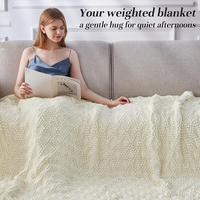 Knitted Weighted Blanket for Adult, Chunky Knit Weighted Throw for Sleep 60"*80" 17lbs, Cooling Breathable Machine Washable Heavy Blanket for Room Decor (Ivory White, Queen)