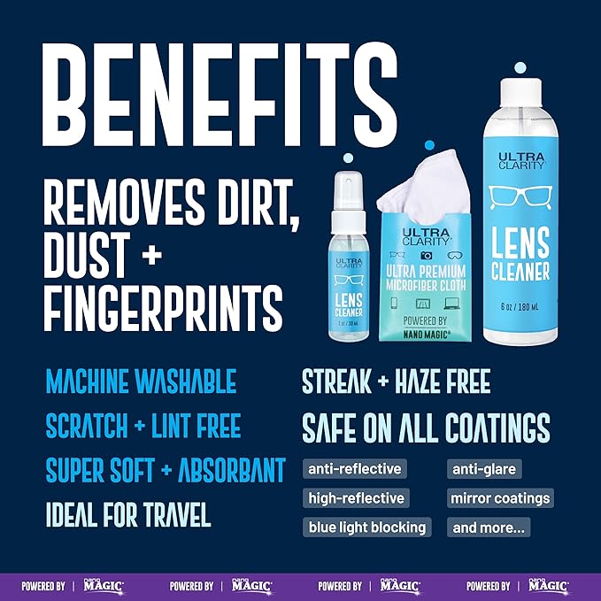Powered by Nano Magic Eyeglass Lens Cleaning Spray 7oz Value Pack | 1oz Spray, 6oz Refill, Microfiber Cloth | For Glasses, Phone, Electronic Screens, Optic Surfaces, Coated Surfaces