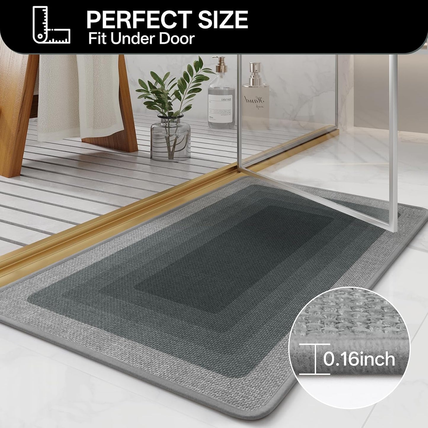 Non Slip Bath Mat Bathroom Rugs, Quick Dry Super Absorbent Washable Shower Bath Mats, Rubber Backing Ultra Thin Bathroom Rug Fit Under Door, Grey 24x36