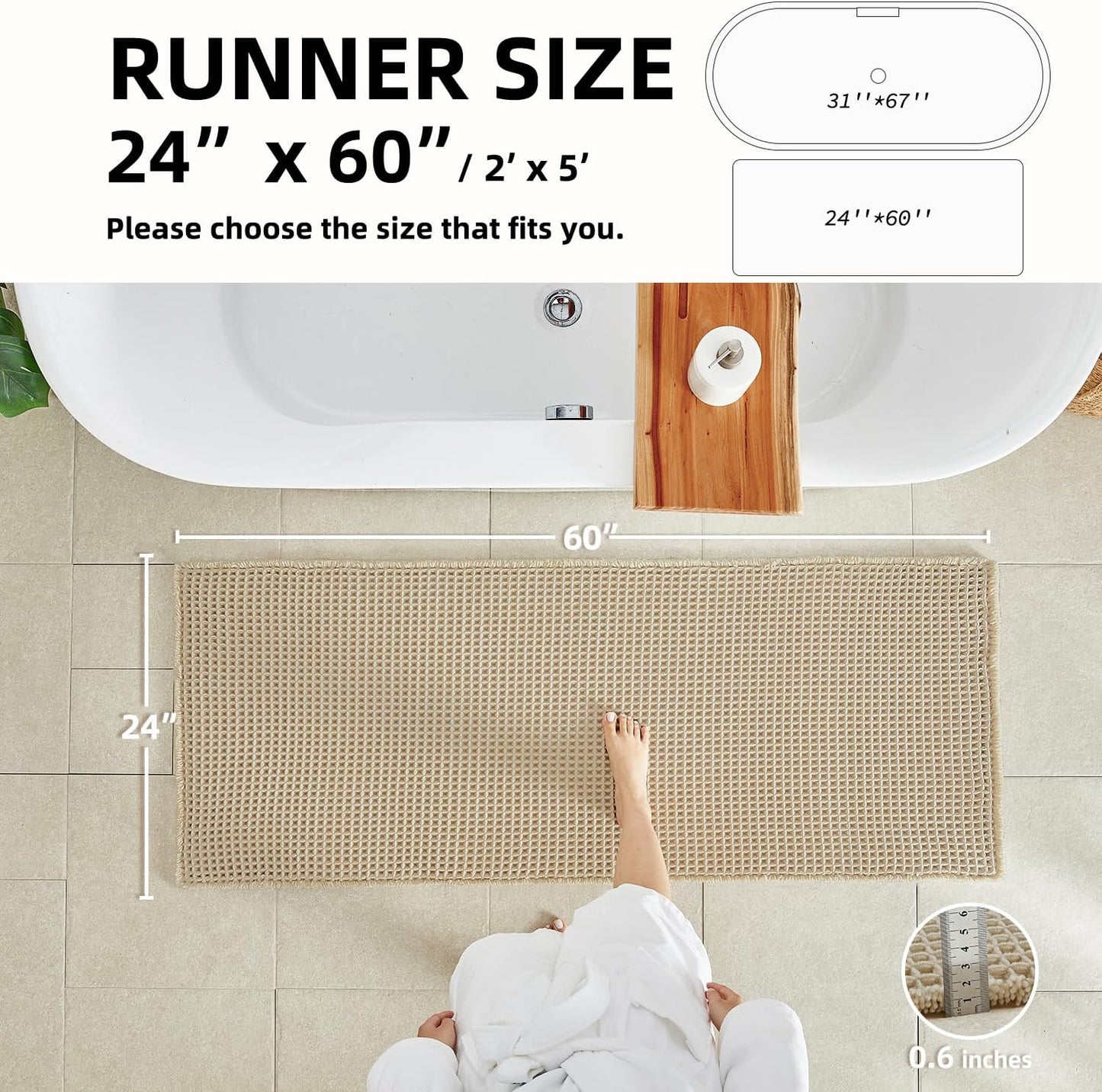 Pale Beige Long Bathroom Rug, Waffle Runner Rug Bathroom Non Slip Washable Super Absorbent Quick Dry Boho Farmhouse Bath Mat, 60''x24'' Pale Beige