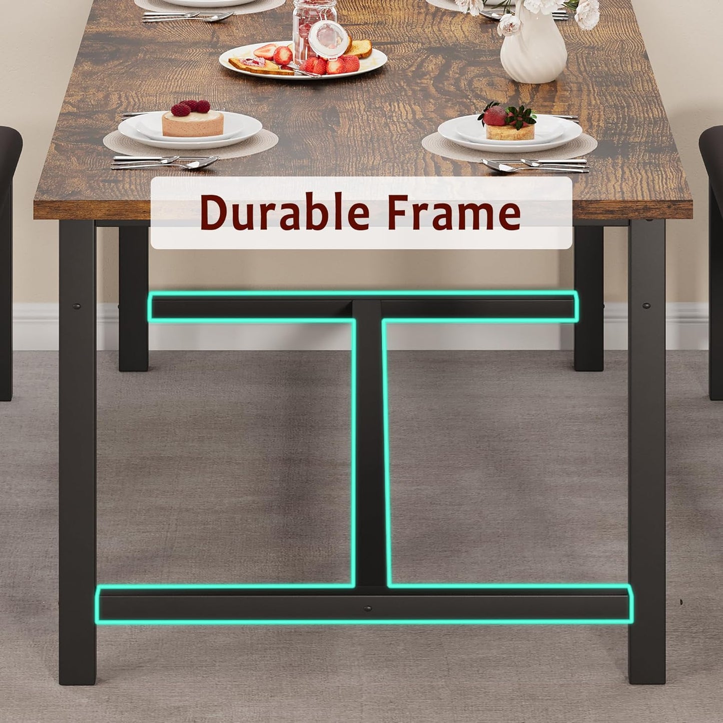 GarveeHome Dining Table Set for 4-6, 63" Extendable Wood Dining Room Table with Corner Protector & 2 Upholstered Benches, Kitchen Table Set for Apartment, Small Space, Easy Assembly, Retro Brown