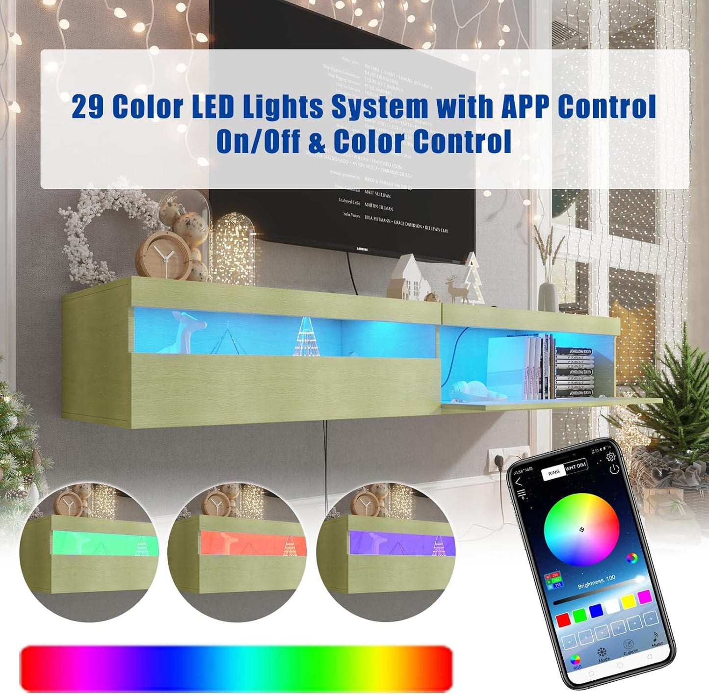 Floating TV Stand with Led Lights, 71 inch Wall Mounted TV Shelf with Power Outlet, Modern Entertainment Center Media Console with Storage Cabinet, Up to 80 Inch TVS, Green