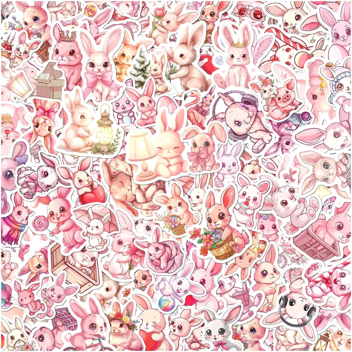 Cute Pastel Bunny Stickers Pack 108Pcs Vinyl Rabbit Decals for Kids Teens Scrapbooking Journaling DIY Phone Case Water Bottle Laptop Skateboard Bedroom Hat Bike