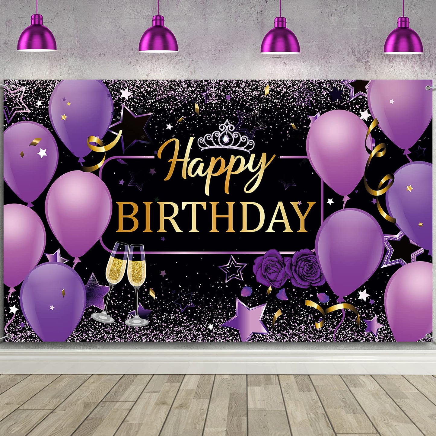 Frienda Purple Birthday Banner Purple Happy Birthday Decorations For Women Backdrop Banner Sign 72.8 X 43.3 Inch Photo Photograp