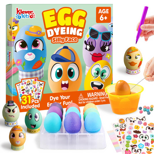 Klever 31PCS Easter Egg Decorating DIY Kit with Dye Tablets and Easter Make a Face Stickers, Coloring Dyeing Set for Kids Theme Party, Egg Hunt Creativity Activity